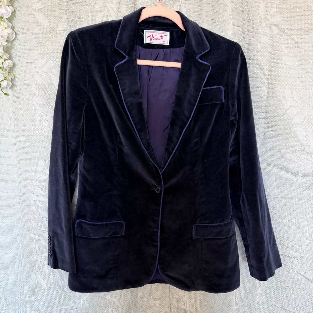 VTG Womens S Navy Velvet Blazer Piping Indie Dark Academia Gothic Preppy